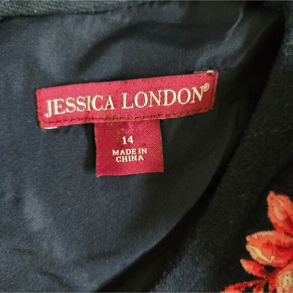 Jessica London Navy Dress with Pink Floral Embroidery – Wool Blend Size 14 - Picture 5 of 6